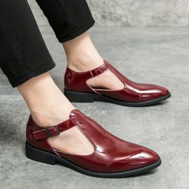 メンズ通気性スリッポンドレスシューズ - 光沢のあるバーガンディパテントポイントトゥビジネスカジュアルローファー、夏用オフィス＆カジュアル装いに適した軽量ラバーソール