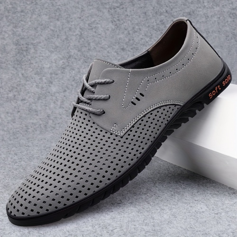 メンズ通気性パーフォレーテッドローファー - カジュアルブリティッシュスタイル レースアップシューズ、ポインテッドトゥ＆PUアッパー・滑り止めラバーソール、オフィスや買い物用に快適で臭いのない全シーズン履き（ブラック、グレー、ブラウン）、フォーマルフットウェア｜洗練されたデザインの靴 | 耐久性抜群のトラクションシューズ
