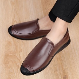 メンズ スリッポン ローファー - 本革アッパー＆ラバーソール、夏用通気性ロートップカジュアルビジネスシューズ、快適なラウンドトゥデザイン、オフィス＆セミフォーマルウェアに簡単スリップオンスタイル、耐久性のあるトラクションフットウェア、ドレッシーシューズ