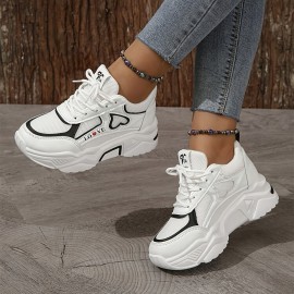 女性用ファッション チャンキー プラットフォーム スニーカー カジュアル レースアップ ロー トップ ファブリック スニーカー 通気性メッシュとゴムソール付き - シンプルなデザインのオールシーズン快適スポーツシューズ