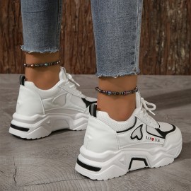 女性用ファッション チャンキー プラットフォーム スニーカー カジュアル レースアップ ロー トップ ファブリック スニーカー 通気性メッシュとゴムソール付き - シンプルなデザインのオールシーズン快適スポーツシューズ
