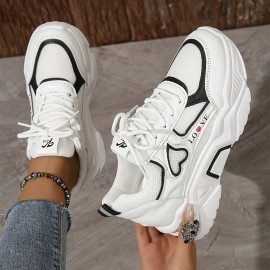 女性用ファッション チャンキー プラットフォーム スニーカー カジュアル レースアップ ロー トップ ファブリック スニーカー 通気性メッシュとゴムソール付き - シンプルなデザインのオールシーズン快適スポーツシューズ