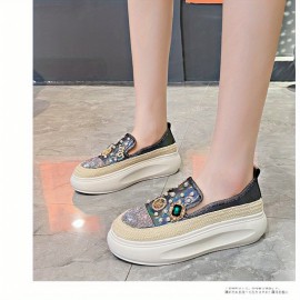 女性用通気性メッシュスリッポンスニーカー - 夏のラウンドトゥ、PUプラットフォームとゴムソール、ローカットデザイン、キラキララインストーン装飾、快適なカジュアルシューズ