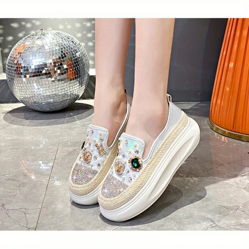 女性用通気性メッシュスリッポンスニーカー - 夏のラウンドトゥ、PUプラットフォームとゴムソール、ローカットデザイン、キラキララインストーン装飾、快適なカジュアルシューズ