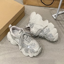 レディース チャンキープラットフォームダッドスニーカー - ホワイト レースアップ ミドルトップ、ラインストーンアクセント付き 合成カバー＆ゴムソール 春のカジュアルウェア用 快適なラウンドトゥシューズ | トレンディなダッドシューズ | 装飾的なラインストーン