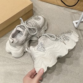 レディース チャンキープラットフォームダッドスニーカー - ホワイト レースアップ ミドルトップ、ラインストーンアクセント付き 合成カバー＆ゴムソール 春のカジュアルウェア用 快適なラウンドトゥシューズ | トレンディなダッドシューズ | 装飾的なラインストーン