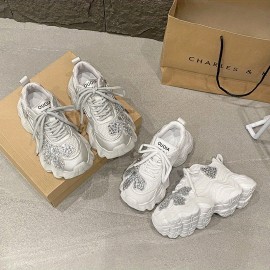 レディース チャンキープラットフォームダッドスニーカー - ホワイト レースアップ ミドルトップ、ラインストーンアクセント付き 合成カバー＆ゴムソール 春のカジュアルウェア用 快適なラウンドトゥシューズ | トレンディなダッドシューズ | 装飾的なラインストーン