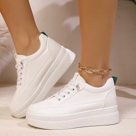 女性用ホワイトプラットフォームスニーカー - 軽量、高さを引き立てるロートップ、ラウンドトゥ＆レースアップデザイン、フェイクカバーアッパー＆PUソール、快適なオールシーズンカジュアルシューズ、カジュアルアティアシューズ | ファッションスニーカー | 生地裏地のスニーカー