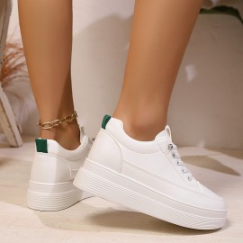 女性用ホワイトプラットフォームスニーカー - 軽量、高さを引き立てるロートップ、ラウンドトゥ＆レースアップデザイン、フェイクカバーアッパー＆PUソール、快適なオールシーズンカジュアルシューズ、カジュアルアティアシューズ | ファッションスニーカー | 生地裏地のスニーカー