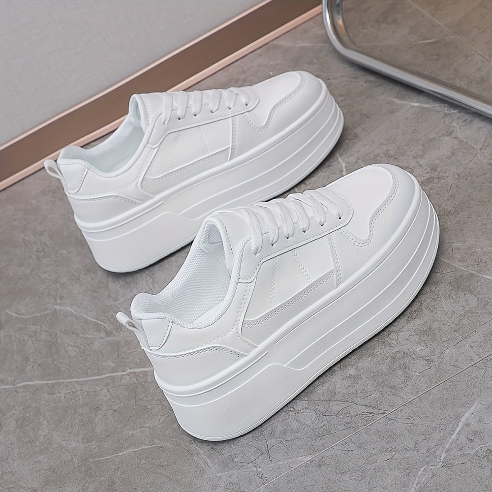 女性用白スニーカー、プラットフォーム、カジュアルで万能、耐久性のあるソール