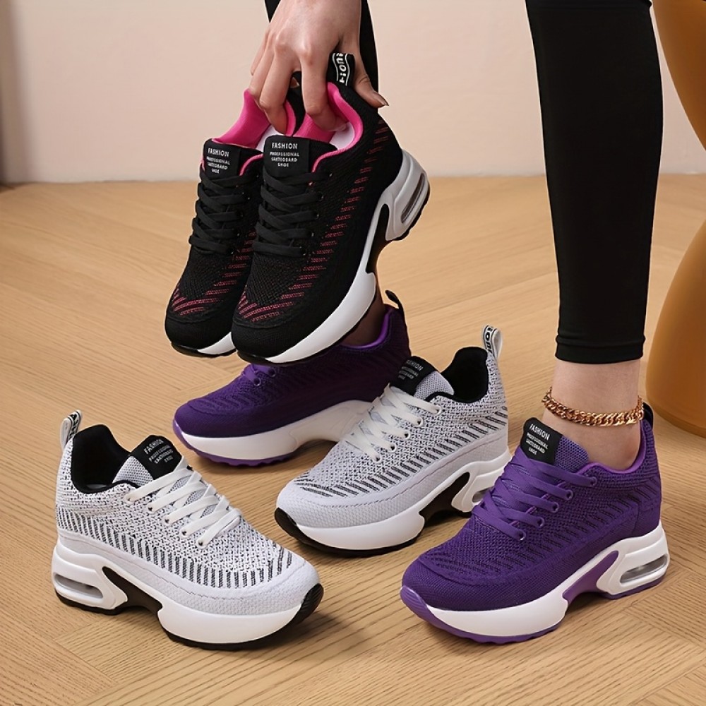 女性用通気性カジュアルスニーカー エアクッションインソール付き - 厚手のプラットフォーム ロートップ レースアップシューズ、ウォーキング・ランニング＆カジュアルウェアにオールシーズン快適（ブラック/ピンク/ホワイト/パープル）、多目的スニーカー |レースアップフットウェア|サポートスニーカー
