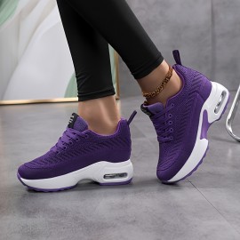 女性用通気性カジュアルスニーカー エアクッションインソール付き - 厚手のプラットフォーム ロートップ レースアップシューズ、ウォーキング・ランニング＆カジュアルウェアにオールシーズン快適（ブラック/ピンク/ホワイト/パープル）、多目的スニーカー |レースアップフットウェア|サポートスニーカー