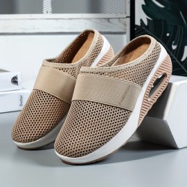 レディース 無地カラー メッシュスニーカー、ソフトソール プラットフォーム エアークッション ウォーキングシューズ、ハーフドラッグ 通気性 デイリーシューズ プラスサイズ