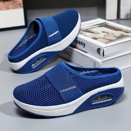 レディース 無地カラー メッシュスニーカー、ソフトソール プラットフォーム エアークッション ウォーキングシューズ、ハーフドラッグ 通気性 デイリーシューズ プラスサイズ