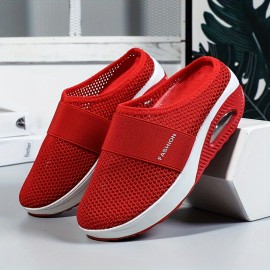 レディース 無地カラー メッシュスニーカー、ソフトソール プラットフォーム エアークッション ウォーキングシューズ、ハーフドラッグ 通気性 デイリーシューズ プラスサイズ