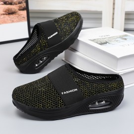 レディース 無地カラー メッシュスニーカー、ソフトソール プラットフォーム エアークッション ウォーキングシューズ、ハーフドラッグ 通気性 デイリーシューズ プラスサイズ