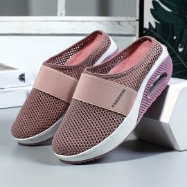 レディース 無地カラー メッシュスニーカー、ソフトソール プラットフォーム エアークッション ウォーキングシューズ、ハーフドラッグ 通気性 デイリーシューズ プラスサイズ