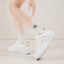 レディース チャンキープラットフォームスニーカー - 通気性のあるロートップ レースアップ カジュアルシューズ、丸いつま先とホワイト＆ブラウン コントラストデザイン、夏用快適な超微細繊維アッパー＆耐久性ゴムソール、ファブリックライニング