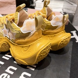 女性用ホワイトスターアクセント付きチャンキープラットフォームスニーカー - 通気性メッシュロートップレースアップシューズ、丸いつま先＆ゴムソール 春のカジュアルウェア・日常履きに最適｜トレンディなダッドシューズ｜ゴムソールシューズ