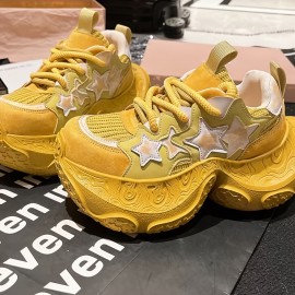 女性用ホワイトスターアクセント付きチャンキープラットフォームスニーカー - 通気性メッシュロートップレースアップシューズ、丸いつま先＆ゴムソール 春のカジュアルウェア・日常履きに最適｜トレンディなダッドシューズ｜ゴムソールシューズ