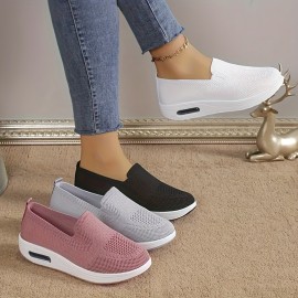 レディース 通気性メッシュ表面スニーカー、スリップオン ソリッドカラー プラットフォーム カジュアルシューズ ロートップ フラットシューズ 快適 耐衝撃 滑り止め 歩き心地 四季対応