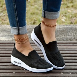 レディース 通気性メッシュ表面スニーカー、スリップオン ソリッドカラー プラットフォーム カジュアルシューズ ロートップ フラットシューズ 快適 耐衝撃 滑り止め 歩き心地 四季対応