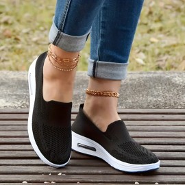 レディース 通気性メッシュ表面スニーカー、スリップオン ソリッドカラー プラットフォーム カジュアルシューズ ロートップ フラットシューズ 快適 耐衝撃 滑り止め 歩き心地 四季対応
