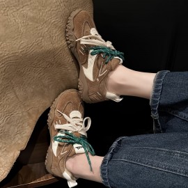 レディースレトロチャンキースニーカー - 5cm高さ増加、軽量＆多用途、レースアップカジュアルスポーツシューズ、厚底、ブラウン＆ホワイトカラーブロック、オールシーズン完璧、カジュアルアティアシューズ|チャンキーソールスニーカー|スタイリッシュなコントラストステッチ、シューズアクセサリー