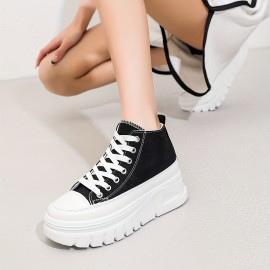 女性用の無地カジュアルスニーカー、レースアッププラットフォームソフトソールウォーキングスケートシューズ、高トップの高さを増す靴