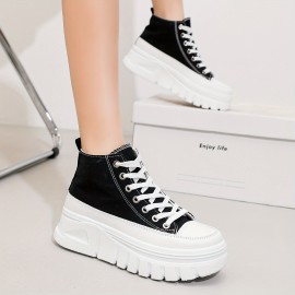 女性用の無地カジュアルスニーカー、レースアッププラットフォームソフトソールウォーキングスケートシューズ、高トップの高さを増す靴