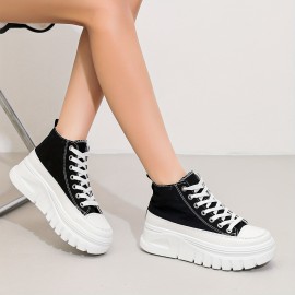 女性用の無地カジュアルスニーカー、レースアッププラットフォームソフトソールウォーキングスケートシューズ、高トップの高さを増す靴
