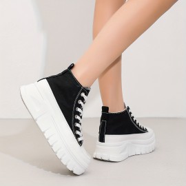 女性用の無地カジュアルスニーカー、レースアッププラットフォームソフトソールウォーキングスケートシューズ、高トップの高さを増す靴