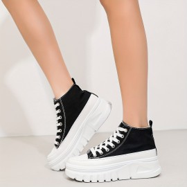 女性用の無地カジュアルスニーカー、レースアッププラットフォームソフトソールウォーキングスケートシューズ、高トップの高さを増す靴