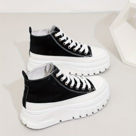 女性用の無地カジュアルスニーカー、レースアッププラットフォームソフトソールウォーキングスケートシューズ、高トップの高さを増す靴