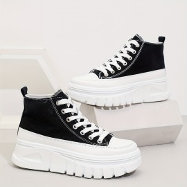 女性用の無地カジュアルスニーカー、レースアッププラットフォームソフトソールウォーキングスケートシューズ、高トップの高さを増す靴