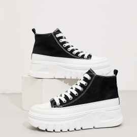 女性用の無地カジュアルスニーカー、レースアッププラットフォームソフトソールウォーキングスケートシューズ、高トップの高さを増す靴