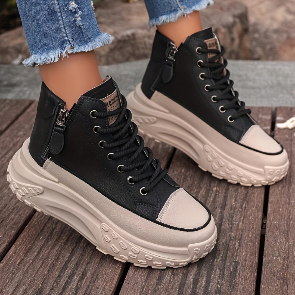 レディース ハイトップ プラットフォーム スニーカー - ブラック＆ベージュ フォーカバー、厚手のラバーソール、サイドジッパーのレースアップカジュアルシューズ、オールシーズン快適なカジュアルウェア用、レディーススニーカー