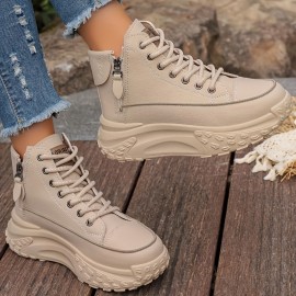 レディース ハイトップ プラットフォーム スニーカー - ブラック＆ベージュ フォーカバー、厚手のラバーソール、サイドジッパーのレースアップカジュアルシューズ、オールシーズン快適なカジュアルウェア用、レディーススニーカー