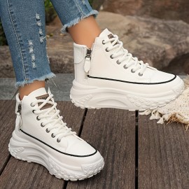レディース ハイトップ プラットフォーム スニーカー - ブラック＆ベージュ フォーカバー、厚手のラバーソール、サイドジッパーのレースアップカジュアルシューズ、オールシーズン快適なカジュアルウェア用、レディーススニーカー