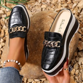 厚いクッションソールとゴールドチェーンアクセントのレディースプラットフォームサンダル - スリップオンスクエアトゥ合成カバーカジュアルシューズ、屋外快適性用オールシーズン履き