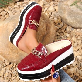 厚いクッションソールとゴールドチェーンアクセントのレディースプラットフォームサンダル - スリップオンスクエアトゥ合成カバーカジュアルシューズ、屋外快適性用オールシーズン履き