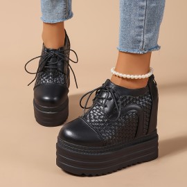 12cm 厚底プラットフォームスニーカー、レディースカジュアルハイヒール、通気性のあるPUスニーカー、快適でスタイリッシュな日常着