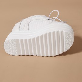 12cm 厚底プラットフォームスニーカー、レディースカジュアルハイヒール、通気性のあるPUスニーカー、快適でスタイリッシュな日常着