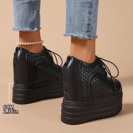 12cm 厚底プラットフォームスニーカー、レディースカジュアルハイヒール、通気性のあるPUスニーカー、快適でスタイリッシュな日常着
