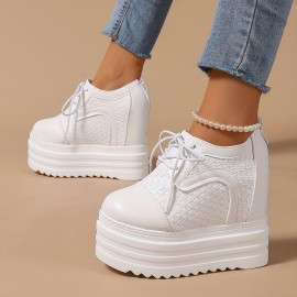 12cm 厚底プラットフォームスニーカー、レディースカジュアルハイヒール、通気性のあるPUスニーカー、快適でスタイリッシュな日常着