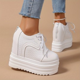 12cm 厚底プラットフォームスニーカー、レディースカジュアルハイヒール、通気性のあるPUスニーカー、快適でスタイリッシュな日常着