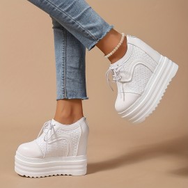 12cm 厚底プラットフォームスニーカー、レディースカジュアルハイヒール、通気性のあるPUスニーカー、快適でスタイリッシュな日常着