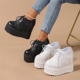12cm 厚底プラットフォームスニーカー、レディースカジュアルハイヒール、通気性のあるPUスニーカー、快適でスタイリッシュな日常着