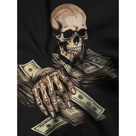 【耐久性のある構造】メンズ3DスカルとマネープリントTシャツ - ブラックポリエステル、半袖クルーネック、カジュアルな夏のアウトドアウェア