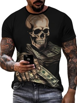 【耐久性のある構造】メンズ3DスカルとマネープリントTシャツ - ブラックポリエステル、半袖クルーネック、カジュアルな夏のアウトドアウェア